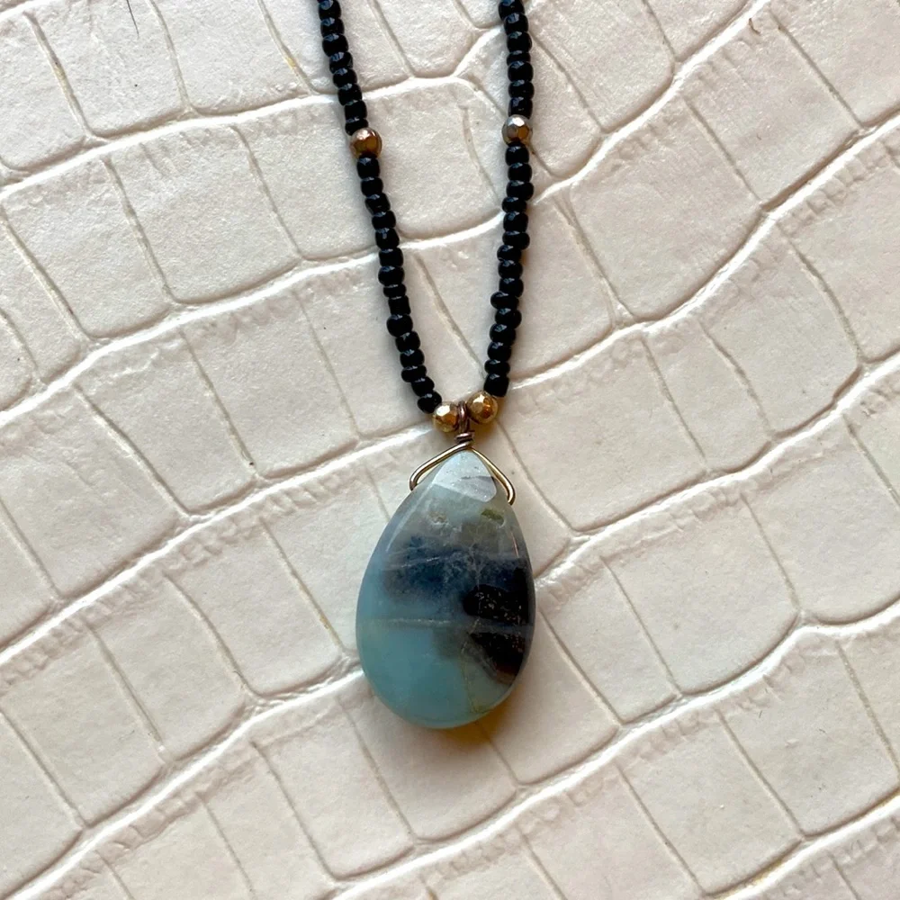 Black Beaded Necklace with Light Blue Stone Pendant - Picture 4 of 4